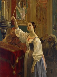 Ein Mädchen stellt eine Kerze vor das Ikone, 1842 von Grigori Karpovich Mikhaylov