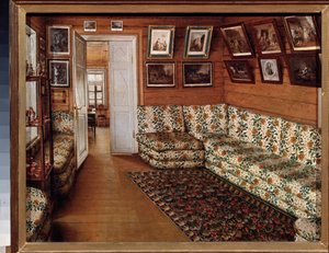 Der Empfangsraum in einem Herrenhaus - Gemälde von Grigori Vasilyevich Soroka (1823-1863), Öl auf Leinwand - Russische Kunst des 19. Jahrhunderts - Staatliches Freilichtmuseum für Geschichte und Kunst, Pskov (Russland)