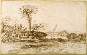 Ein Fluss in Flut und Bauern mit Äxten und anderen Werkzeugen