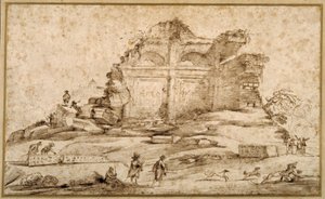 Landschaft mit klassischen Ruinen und einem von Hunden angegriffenen Jugendlichen