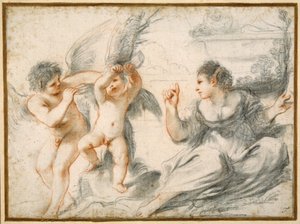 Venus schimpft mit Amor, während ein älterer Amor ihn an einen Baum bindet