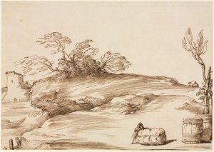 Landschaft mit einem Mann, der sich auf einen Ballen lehnt von Guercino
