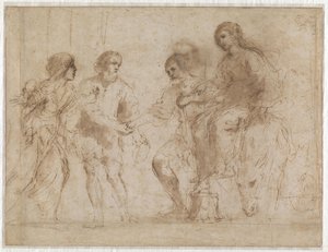 Begegnung von Maria und Josef vor dem Haus von Elisabeth und Zacharias (recto) Maria und Elisabeth am Fuße einer Treppe (verso) von Guercino