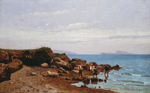Fischer an der neapolitanischen Küste mit der Insel Capri im Hintergrund