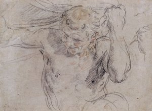 Ein Satyr hebt den Vorhang und eine Nebenskizze seiner linken Hand