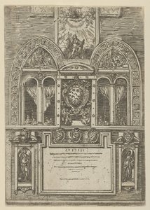 Fassade des Palazzo del Senato in Bologna mit den päpstlichen Wappen in der Mitte, mit temporären Dekorationen, 1598 von Guido Reni