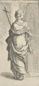 Mädchen, das ein Kruzifix trägt und auf einen Pfeiler zugeht, von hinten gesehen, ca. 1590-1600 von Guido Reni