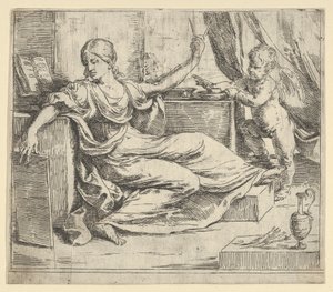 Sitzende Frau mit einem Tablet und Kompass, Allegorie des Lernens, ein geflügelter Putto...