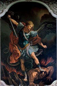Der Erzengel Michael besiegt den Drachen von V. M. De Girolamo (20. Jahrhundert) nach Guido Reni. 1957 von Guido Reni