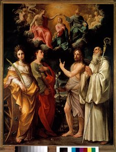 Die Krönung der Jungfrau mit vier Heiligen (Katharina von Alexandria, Johannes der Evangelist, Johannes der Täufer und Bernhard) - Die Jungfrau Maria wird im Himmel mit der Dreifaltigkeit (Jesus Christus, Gott und die Taube des Heiligen Geistes) dargestell