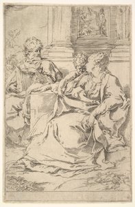 Die Heilige Familie mit biblischer Szene im Hintergrund von Guido Reni
