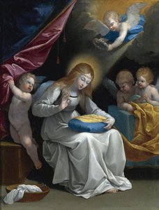 Die Jungfrau beim Nähen, begleitet von vier Engeln (La Couseuse) von Guido Reni