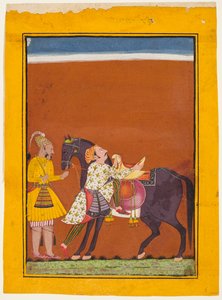 Ein Krieger besteigt ein gehaltenes Pferd: Saindhava Ragaputra von Shri, aus einer Chamba Ragamala