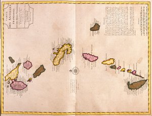 Karten der Karibischen Inseln (Guadeloupe, Marie Galante, Dominica, Martinique, Saint Lucia, Saint Vincent, Barbados, Grenadinen und Grenada) (Radierung) von Guillaume Delisle
