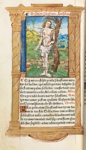 Gedrucktes Stundenbuch Gebrauch von Rom: fol. 102v, St. Sebastian von Guillaume Le Rouge