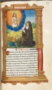 Gedrucktes Stundenbuch Gebrauch von Rom: fol. 90r, St. Bridget im Gebet vor einer Erscheinung Christi