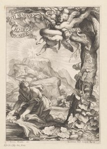 Allegorische Darstellung einer gekrönten Frau, die einen Kalebassenbaum gießt; im Hintergrund besteigen Figuren einen Berg (Titelblatt für: Giovanni Baptista Ferrari, Fasti Senenses, Ab Academia Intronatorum Editi, 1661) von Guillaume Vallet