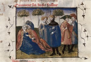 Eine galante Szene von Höflingen, Miniatur in "Roman de la Rose" von Guillaume Lorris
