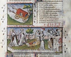 Wie Venus ankommt und die von Eifersucht erbaute Burg stürmt, Miniatur von Guillaume Lorris aus dem Manuskript Le Romanesque de la Rose von Guillaume de Lorris