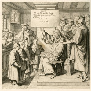 Martin Luther in der Schule mit vielen Kindern, weil ihm der Religionsunterricht sehr wichtig ist, rechts einige Lehrer von Gustav Ferdinand Leopold Konig