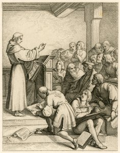 Martin Luther hält Vorlesungen an der Universität Wittenberg, vor ihm der Vizekanzler Dr. Pollich und sein väterlicher Freund Johann von Staupitz (1460-1524) von Gustav Ferdinand Leopold Konig