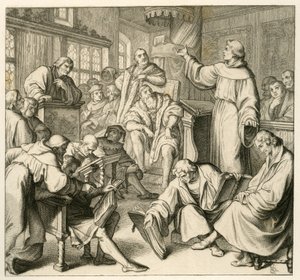 Martin Luther im Gespräch mit Dr. Johannes Eck (Johann Maier von Eck), auf der Seite Luthers sind Philipp Melanchthon (1497-1560) und Karlstadt (Andreas Rudolf Bodenstein von Karlstadt) von Gustav Ferdinand Leopold Konig
