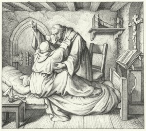 Martin Luther wird von einem Mitmönch während seiner geistigen Qual im Kloster getröstet (Stich)
