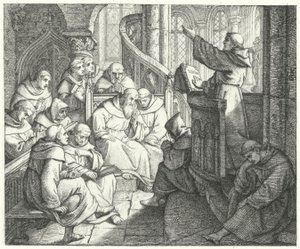 Martin Luther predigt Johann von Staupitz und den anderen Mönchen im Kloster (Gravur) von Gustav Ferdinand Leopold Konig