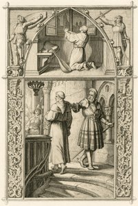 Martin Luther bereitet sich durch ein Gebet auf das Treffen mit dem Kaiser vor (Bild oben); Hauptbild: Luther trifft den Ritter Georg von Frundsberg