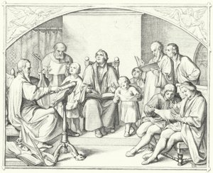 Martin Luther singt mit einem Kirchenchor (Stich)