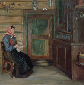 Bauernhofinterieur mit strickender Frau von Gustav Wentzel