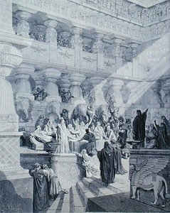 Daniel deutet die Schrift an der Wand, graviert von A. Ligny, ca. 1868 von Gustave (after) Dore