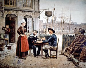 2 Männer (ein Seemann und ein bretonischer Fischer) in einer Bar, die sich mit einer bretonischen Kellnerin unterhalten, Saint Malo