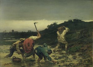 Bauern ernten Kartoffeln während der Überschwemmung des Rheins im Jahr 1852