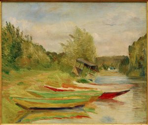 Boote und Hütte am Ufer der Seine