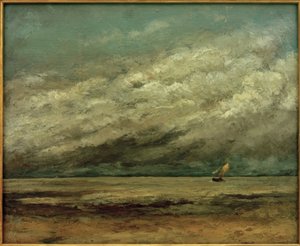 Segelboot nahe der Küste, stürmischer Himmel von Gustave Courbet