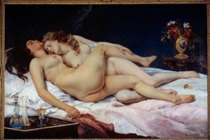 Schlaf. Zwei nackte Frauen umarmt in einem Bett