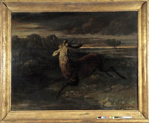Der Hirsch hat Wasser (Jagd auf einen Lauf) sagt die Hirschkraft von Gustave Courbet