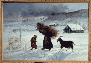Dorfarmut, Ornans. Eine Bäuerin und ihre Tochter bringen Brot, Holzscheite und eine Ziege als Wintervorrat. Gemälde von Gustave Courbet (1819-1877) 19. Jahrhundert von Gustave Courbet