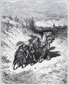 Ein Pflüger bringt Don Quijote und Rossinante ins Dorf zurück - aus "Don Quijote von der Mancha" von Miguel Cervantes