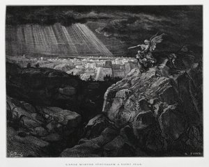 Ein Engel mit Johannes dem Täufer vor Jerusalem, Illustration aus der Dore-Bibel von Gustave Dore