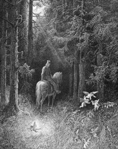 Als er die dunklen Wälder durchquerte, sah er selbst 3 Geister vor Freude verrückt an der Seite der Straße auf einer großen Blume springen (ein Ritter der Tafelrunde trifft die drei Geister im Wald von Brocéliande) - in „Junièvre“ von Alfred Tennyson, ill. von Gustave Dore