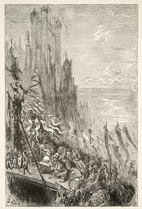 In der Stadt der Gräfin des Brunnens, aus Geschichten der Tage von König Artus von Charles Henry Hanson, veröffentlicht 1898 von Gustave Dore