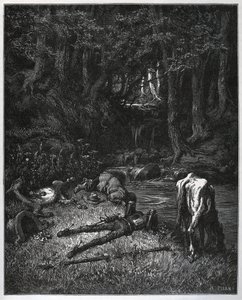Biwak im Wald - Verzaubert von der Schönheit des Ortes beschlossen sie, dort die Stunden des Nickerchens zu verbringen - aus „Don Quixote de la Mancha“ von Miguel Cervantes (1547-1616) - Holzschnitt nach einer Zeichnung von Gustave Dore