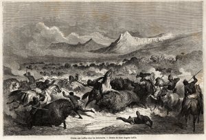Büffeljagd unter den Delawaren, Ureinwohnern am gleichnamigen Fluss. Zeichnung von Gustave Doré zur Illustration der Reise von Baudouin Mollhausen von Mississippi zum Pazifik 1853-54. Gravur von Gustave Dore