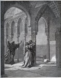 Gefangenen-Geschichte. Erstes Treffen des Gefangenen mit Zoraide im Garten ihres Vaters - aus „Don Quijote de la Mancha“ von Miguel Cervantes (1547-1616) - Holzschnitt nach einer Zeichnung von Gustave Doré