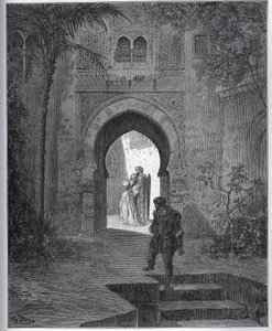 Gefangenen-Geschichte. Erstes Treffen des Gefangenen mit Zoraide im Garten des Vaters, der sie nach seinem Ohnmachtsanfall zurückbringt - aus "Don Quijote von der Mancha" von Miguel Cervantes