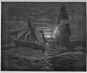 Gefangenen-Geschichte. Das spanische Fluchtboot wird von einem französischen Schiff angegriffen aus „Don Quijote de la Mancha“ von Miguel Cervantes (1547-1616) (Don Quijote) - Holzschnitt nach einer Zeichnung von Gustave Doré von Gustave Dore