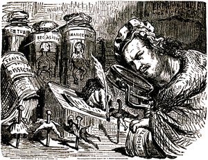 Karikatur von Honoré de Balzac (1799-1850) von Gustave Doré (1832-1883) für die „Drolatischen Geschichten“ (1855): der Schriftsteller wird als Entomologe dargestellt, der Menschen wie Insekten in seinem mit Entomologie- und Sezierentwürfen sowie Gläsern ge