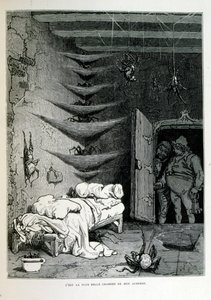 Croque-Mitaine; Illustration von 1863, von Gustave Doré (1832–1883); französischer Künstler, Druckgrafiker, Illustrator. Croque-Mitaine (Der Bögemann) ein bösartiger Charakter, der Kindern vorgestellt wird, um sie zu erschrecken und sie so weiser zu machen von Gustave Dore